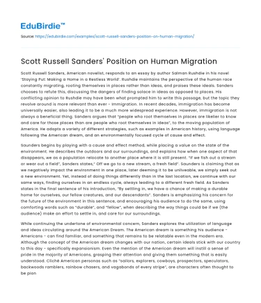 Scott Russell Sanders’ Position on Human Migration