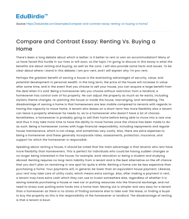 Compare and Contrast Essay: Renting Vs. Buying a Home