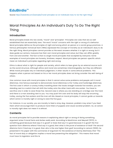 Moral Principles As An Individual’s Duty To Do The Right Thing
