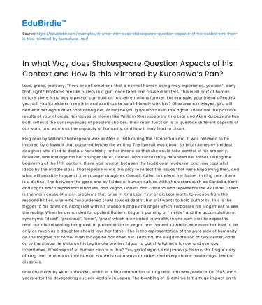 Shakespeare’s Context Questioned in Kurosawa’s Ran