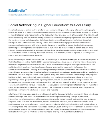 Social Networking in Higher Education: Critical Essay