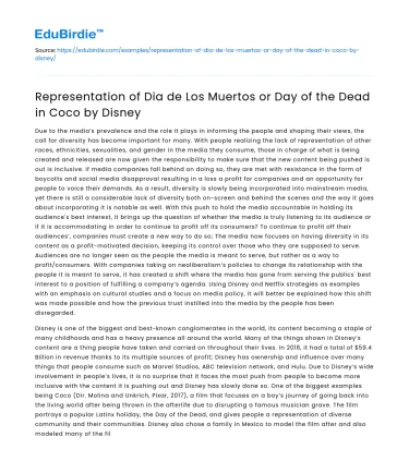 Representation of Dia de Los Muertos or Day of the Dead in Coco by Disney