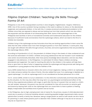 Filipino Orphan Children: Teaching Life Skills Through Forms Of Art