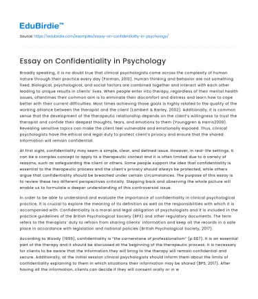 Essay on Confidentiality in Psychology