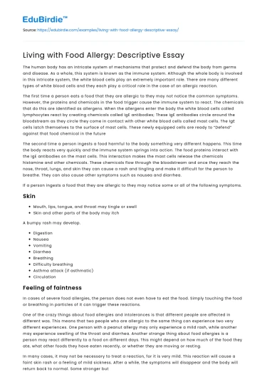 Living with Food Allergy: Descriptive Essay