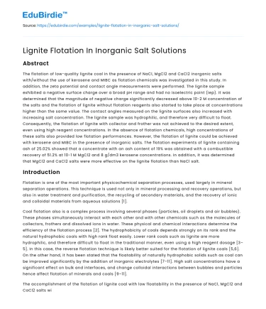 Lignite Flotation In Inorganic Salt Solutions