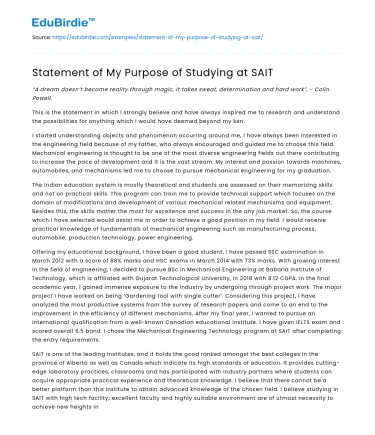 Statement of My Purpose of Studying at SAIT