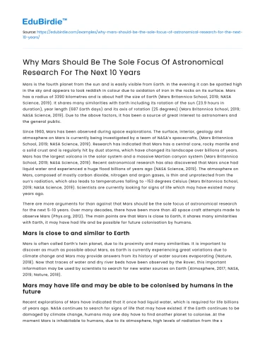 Mars: Sole Focus for Next 10 Years