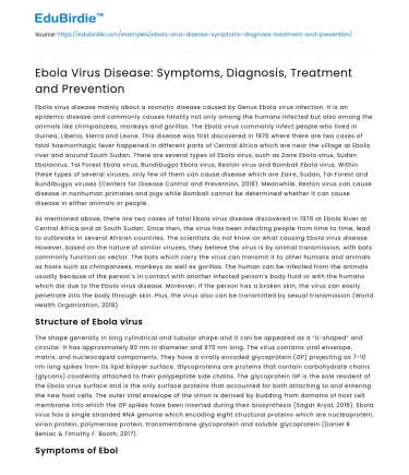 Ebola Virus Disease: Symptoms, Diagnosis, Treatment and Prevention