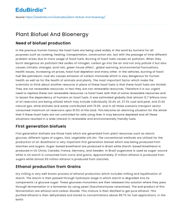 Plant Biofuel And Bioenergy