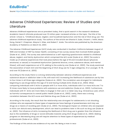 Adverse Childhood Experiences: Review of Studies and Literature