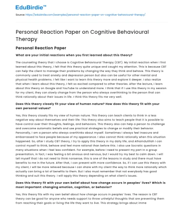 Personal Reaction Paper on Cognitive Behavioural Therapy