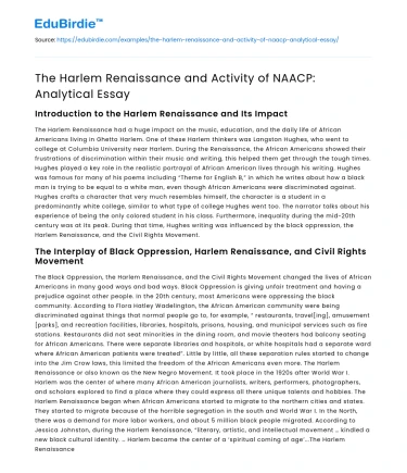 The Harlem Renaissance and Activity of NAACP: Analytical Essay