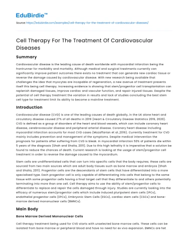 Cell Therapy For The Treatment Of Cardiovascular Diseases