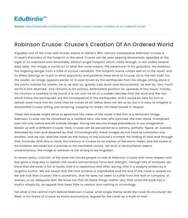 Robinson Crusoe: Crusoe’s Creation Of An Ordered World