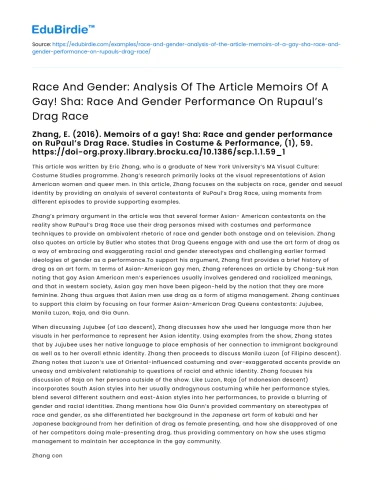 Race and Gender Analysis: Memoirs of a Gay on Rupaul’s Drag Race