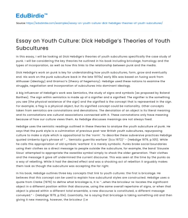 Essay on Youth Culture: Dick Hebdige’s Theories of Youth Subcultures