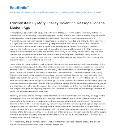 Frankenstein By Mary Shelley: Scientific Message For The Modern Age