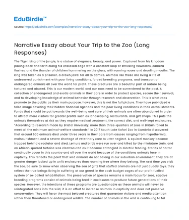 Narrative Essay about Your Trip to the Zoo (Long Responses)