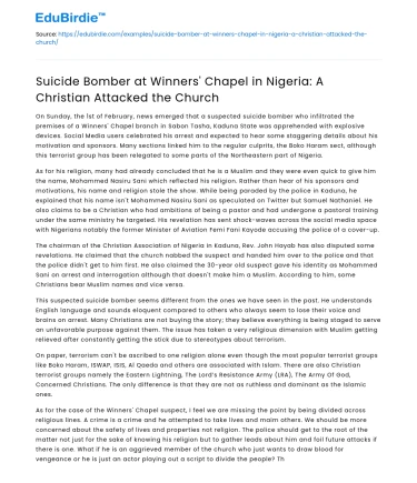 Christian Suicide Bomber Targets Nigeria Church