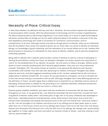 Necessity of Place: Critical Essay