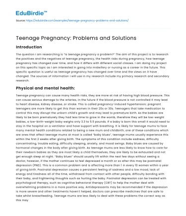 Teenage Pregnancy: Problems and Solutions