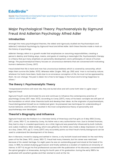 Freud and Adler: Major Psychological Theories