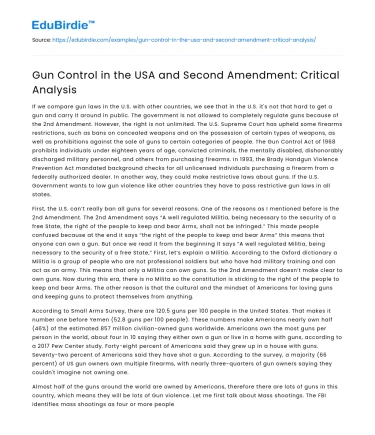 Gun Control in the USA and Second Amendment: Critical Analysis