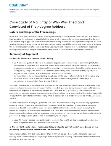 Malik Taylor: Case Study of First-degree Robbery