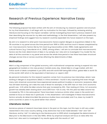 Research of Previous Experience: Narrative Essay