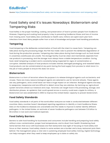 Food Safety and It´s Issues Nowadays: Bioterrorism and Tampering Risks