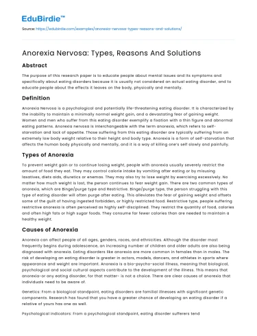 Anorexia Nervosa: Types, Reasons And Solutions