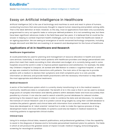 Essay on Artificial Intelligence in Healthcare