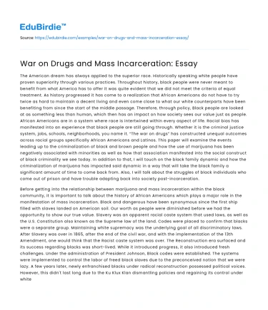 War on Drugs and Mass Incarceration: Essay
