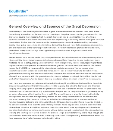 General Overview and Essence of the Great Depression