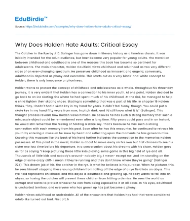 Why Does Holden Hate Adults: Critical Essay
