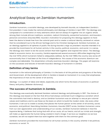 Analytical Essay on Zambian Humanism