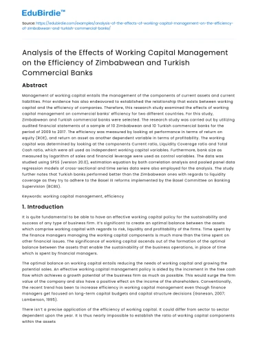 Effects of Working Capital Management on Zimbabwean and Turkish Banks