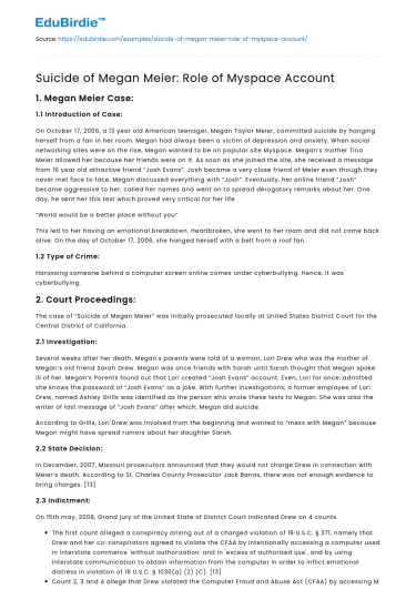 Suicide of Megan Meier: Role of Myspace Account