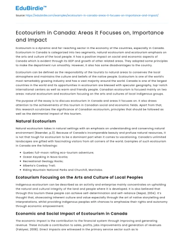 Ecotourism in Canada: Areas it Focuses on, Importance and Impact