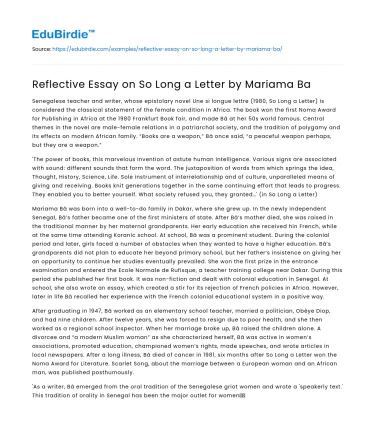 Reflective Essay on So Long a Letter by Mariama Ba
