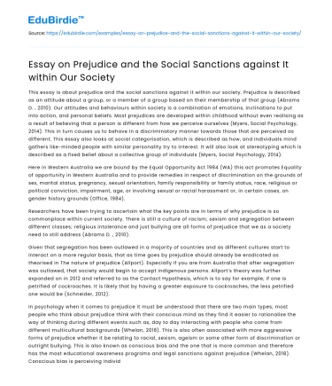 Prejudice and the Social Sanctions against It within Our Society