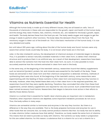 Vitamins as Nutrients Essential for Health