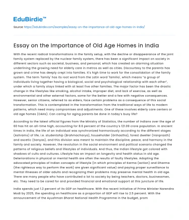Essay on the Importance of Old Age Homes in India