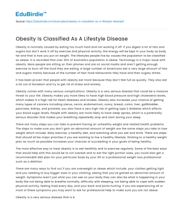 Obesity Is Classified As A Lifestyle Disease
