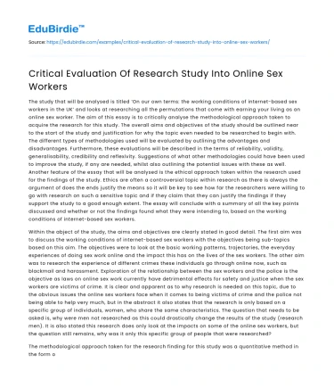 Critical Evaluation Of Research Study Into Online Sex Workers
