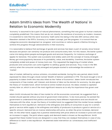 Adam Smith’s Ideas in ‘Wealth of Nations’ and Economic Modernity