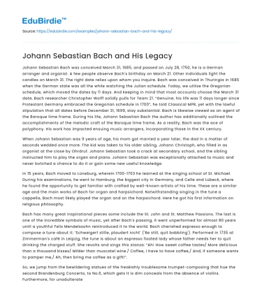 Johann Sebastian Bach and His Legacy