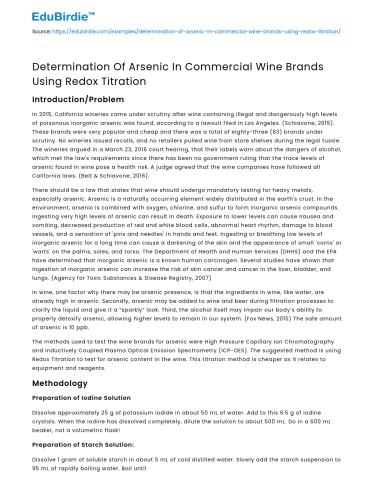 Determination Of Arsenic In Commercial Wine Brands Using Redox Titration