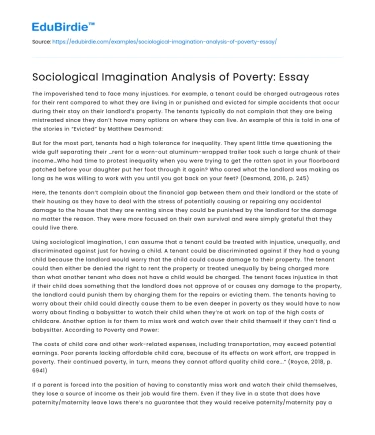 Sociological Imagination Analysis of Poverty: Essay